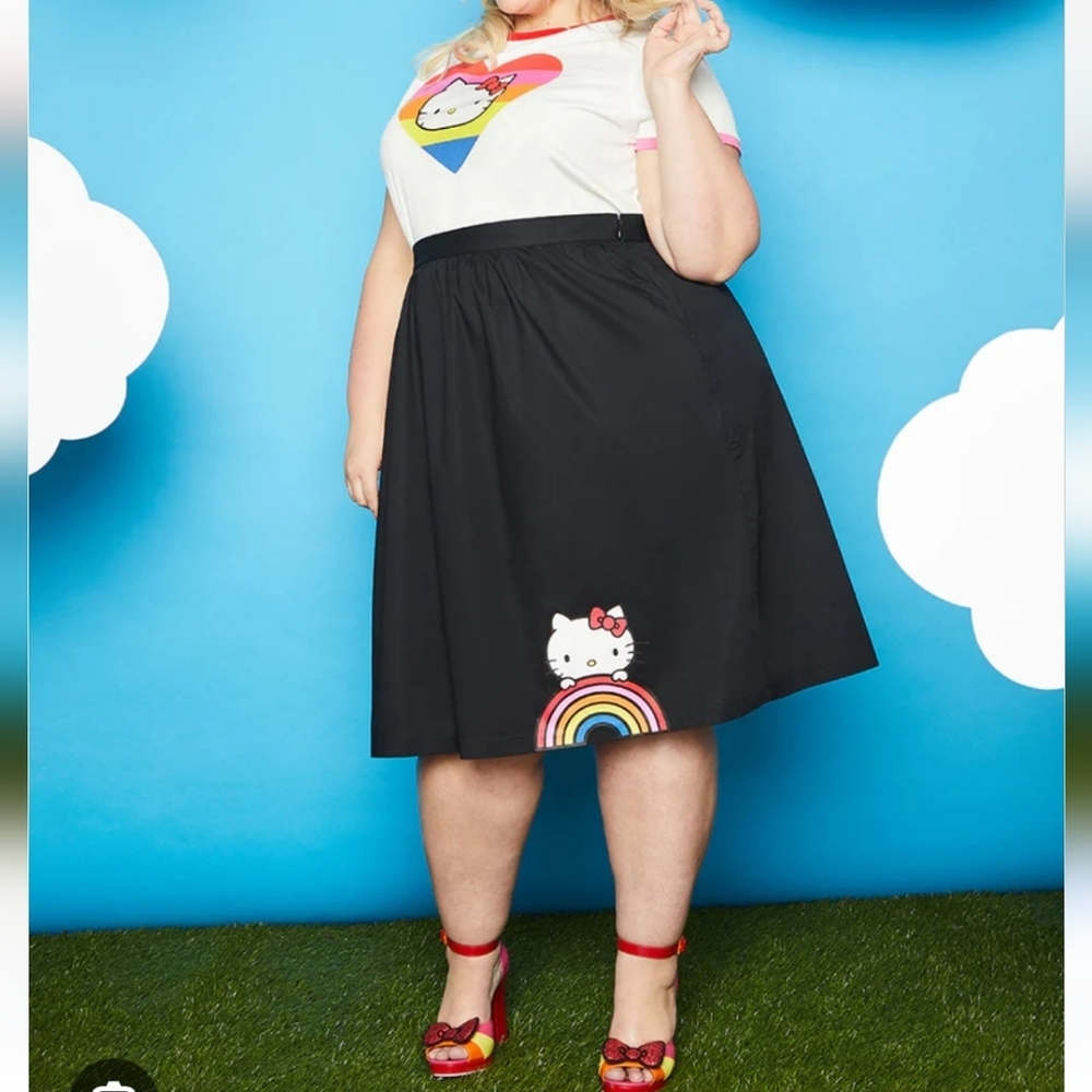 NWT ModCloth x Hello Kitty Let's Go Rainbow A-Line Black Skirt Cotton Large - Picture 2 of 16
